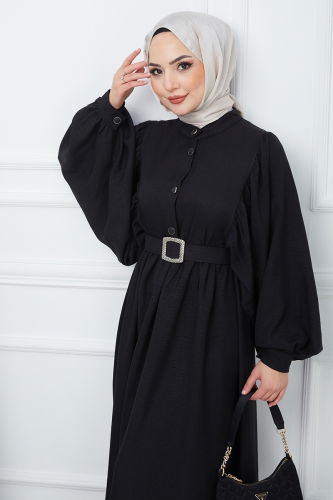 moda selvim Balloon Sleeve Hijab Dress EFS2320 Black - Thumbnail