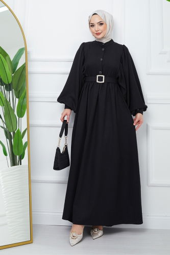 moda selvim Balloon Sleeve Hijab Dress EFS2320 Black - Thumbnail