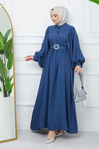 moda selvim Balloon Sleeve Hijab Dress EFS2320 Navy Blue - Thumbnail