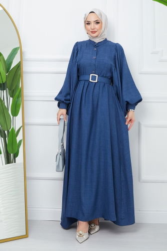 moda selvim Balloon Sleeve Hijab Dress EFS2320 Navy Blue - Thumbnail