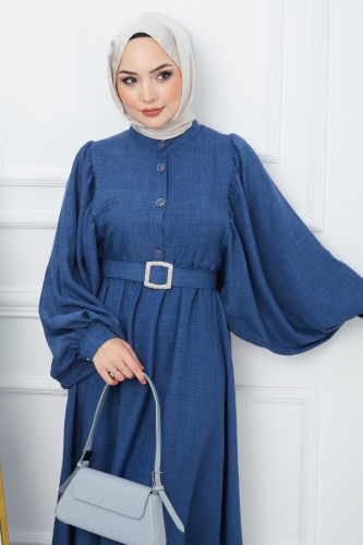 moda selvim Balloon Sleeve Hijab Dress EFS2320 Navy Blue - Thumbnail