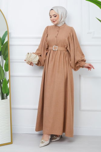 moda selvim Balloon Sleeve Hijab Dress EFS2320 Taba - Thumbnail