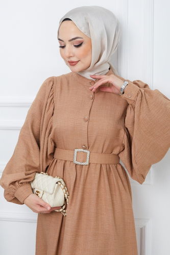 moda selvim Balloon Sleeve Hijab Dress EFS2320 Taba - Thumbnail