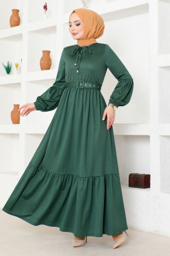 moda selvim Balloon Sleeve Hijab Dress MSL4003 Emerald - Thumbnail