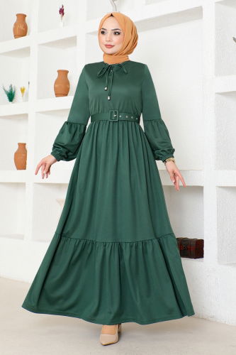 moda selvim Balloon Sleeve Hijab Dress MSL4003 Emerald - Thumbnail