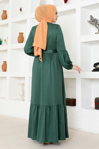 moda selvim Balloon Sleeve Hijab Dress MSL4003 Emerald - Thumbnail