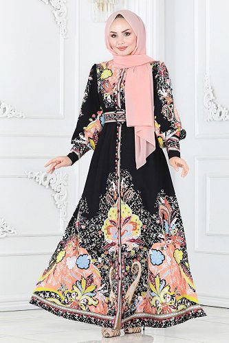 moda selvim Balon Kol Atlas Elbise 22345-1JNF844 Desen 1 - Thumbnail