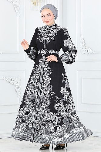 moda selvim Balon Kol Atlas Elbise 22345-1JNF844 Desen 2 - Thumbnail