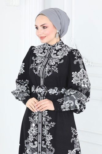 moda selvim Balon Kol Atlas Elbise 22345-1JNF844 Desen 2 - Thumbnail