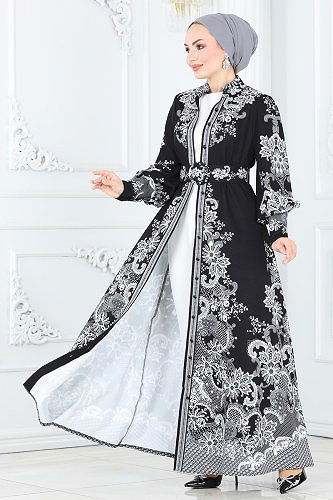 moda selvim Balon Kol Atlas Elbise 22345-1JNF844 Desen 2 - Thumbnail