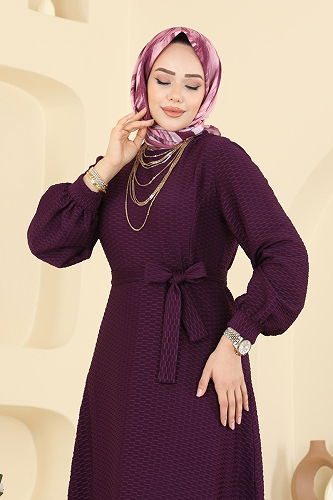 moda selvim Balon Kol Detaylı Elbise 5015ERK1158 Mürdüm - Thumbnail