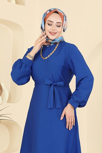 moda selvim Balon Kol Detaylı Elbise 5015ERK1158 Saks - Thumbnail