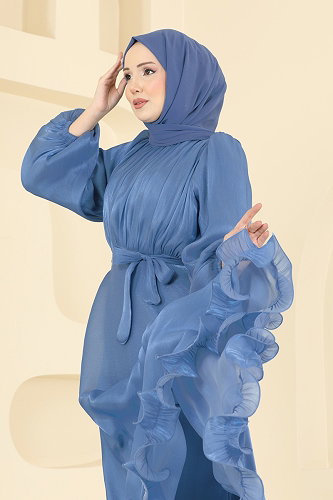 moda selvim Balon Kol Janjan Abiye 6278BSK463 Mavi - Thumbnail