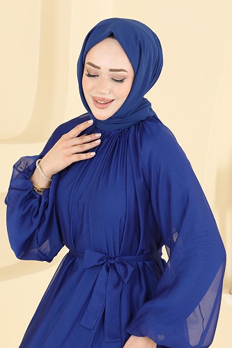 moda selvim Balon Kol Janjan Şifon Abiye 5823EDFK1198 Saks - Thumbnail