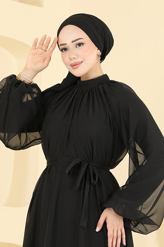 moda selvim Balon Kol Janjan Şifon Abiye 5823EDFK1198 Siyah - Thumbnail