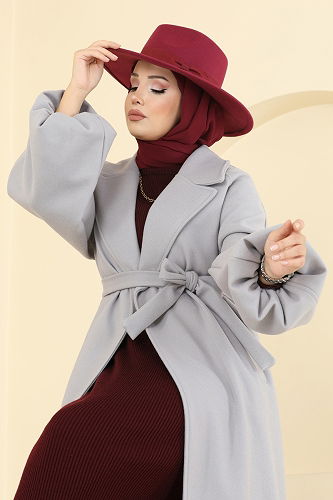 moda selvim Balon Kol Kaşe Kaban 6163BSK463 Gri - Thumbnail