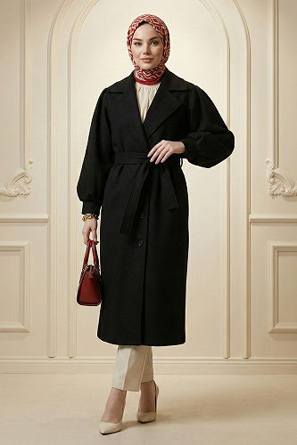 moda selvim Balon Kol Kaşe Kaban 9003FMZ1190-M Siyah - Thumbnail