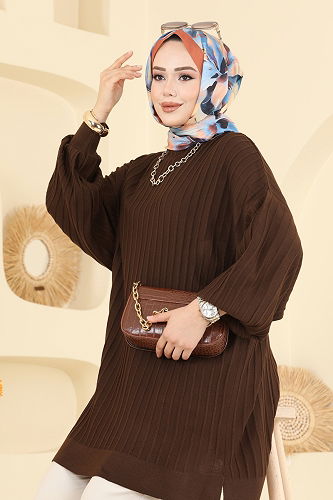 moda selvim Balon Kol Triko Tunik 2199UZ662 Kahve - Thumbnail