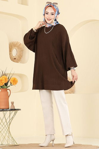 moda selvim Balon Kol Triko Tunik 2199UZ662 Kahve - Thumbnail