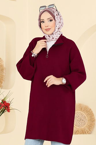moda selvim Balon Kol Triko Tunik 2753AYD574 Bordo - Thumbnail