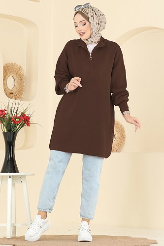 moda selvim Balon Kol Triko Tunik 2753AYD574 Kahve - Thumbnail
