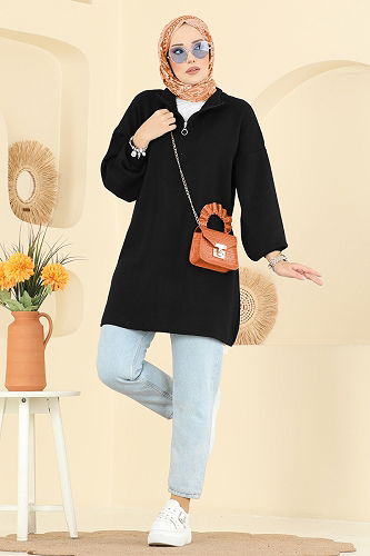 moda selvim Balon Kol Triko Tunik 2753AYD574 Siyah - Thumbnail