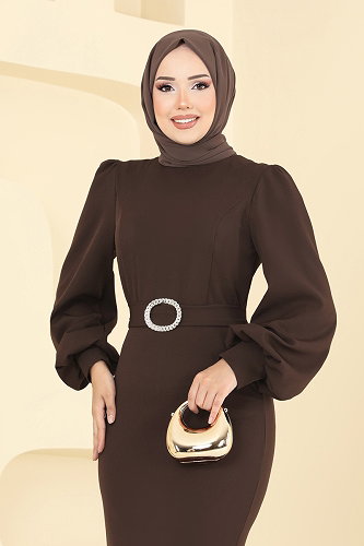 moda selvim Balon Kollu Balık Abiye 0402ALG474 Acı Kahve - Thumbnail