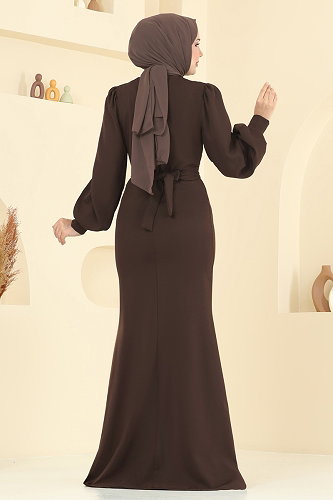 moda selvim Balon Kollu Balık Abiye 0402ALG474 Acı Kahve - Thumbnail