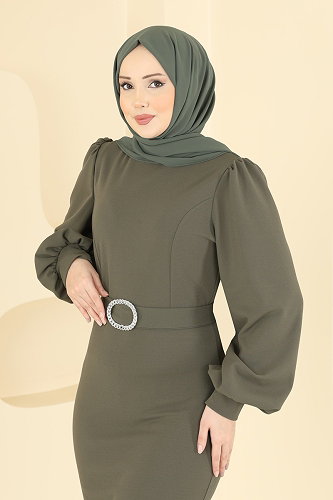 moda selvim Balon Kollu Balık Abiye 0402ALG474 Haki - Thumbnail