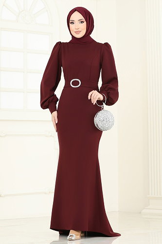 moda selvim Balon Kollu Balık Abiye 0402ALG474 Koyu Bordo - Thumbnail