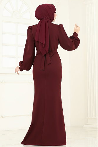 moda selvim Balon Kollu Balık Abiye 0402ALG474 Koyu Bordo - Thumbnail