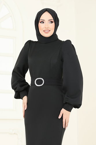 moda selvim Balon Kollu Balık Abiye 0402ALG474 Siyah - Thumbnail