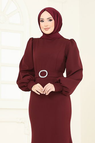 moda selvim Balon Kollu Balık Abiye Elbise 0402ALG474 Bordo - Thumbnail