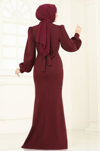 moda selvim Balon Kollu Balık Abiye Elbise 0402ALG474 Bordo - Thumbnail