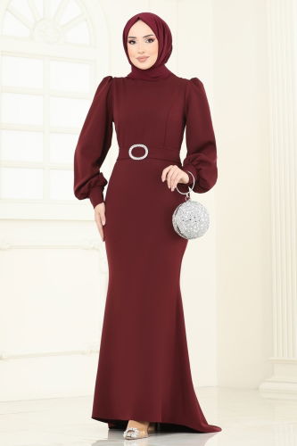 moda selvim Balon Kollu Balık Abiye Elbise 0402ALG474 Bordo - Thumbnail