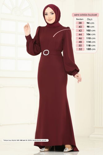moda selvim Balon Kollu Balık Abiye Elbise 0402ALG474 Bordo - Thumbnail