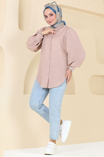 moda selvim Balon Kollu Gömlek 3025KTR750 Bej - Thumbnail