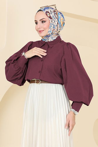 moda selvim Balon Kollu Gömlek 3025KTR750 Bordo - Thumbnail