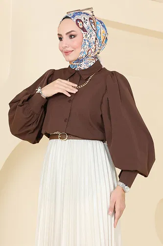 moda selvim Balon Kollu Gömlek 3025KTR750 Kahve - Thumbnail