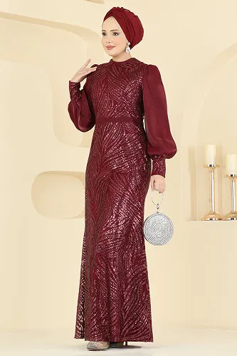 moda selvim Balon Kollu Işıltılı Abiye 2854ELC1143 Bordo - Thumbnail