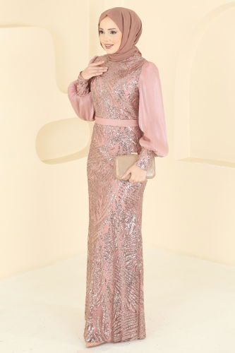 E.L.C. - Balon Kollu Işıltılı Abiye 2854ELC1143 Gül Kurusu