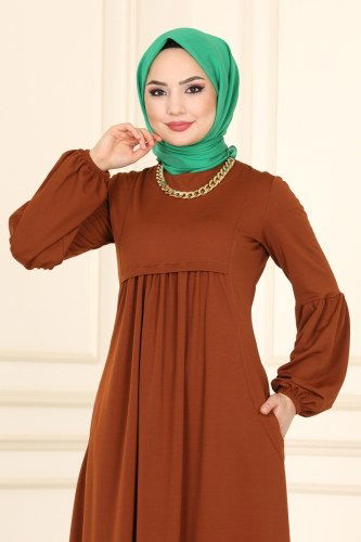moda selvim Balon Kollu Mira Elbise 1515UKB139 Taba - Thumbnail