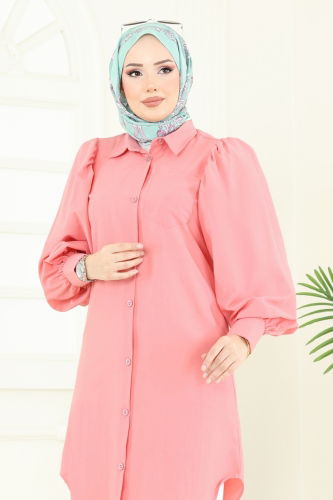 moda selvim Balon Kollu Tesettür Tunik 3039KTR750 Açık Gül Kurusu - Thumbnail