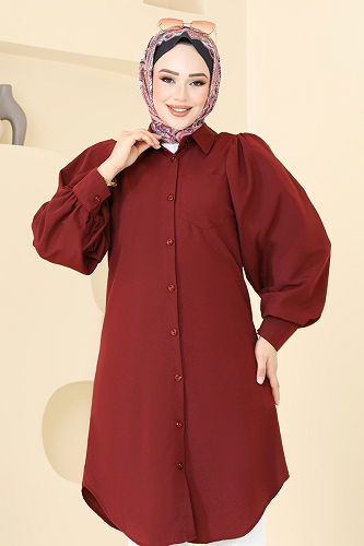 moda selvim Balon Kollu Tesettür Tunik 3039KTR750 Bordo - Thumbnail