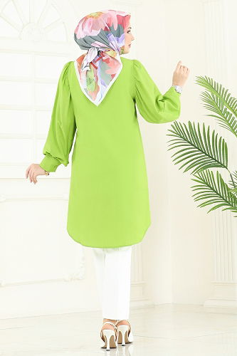 moda selvim Balon Kollu Tesettür Tunik 3039KTR750 Fıstık Yeşili - Thumbnail