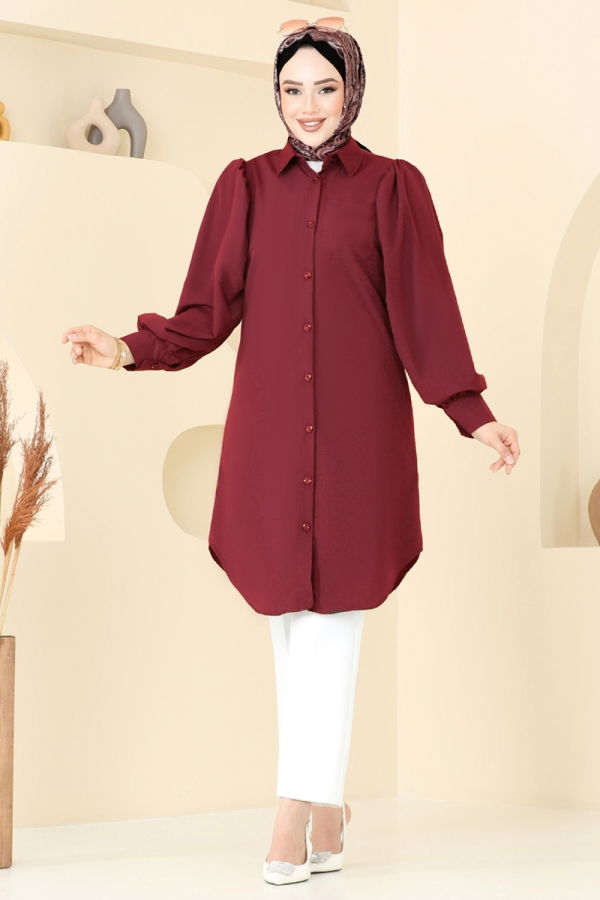 Modaselvim Tunik Balon Kollu Tesettür Tunik 3039KTR750 Koyu Bordo