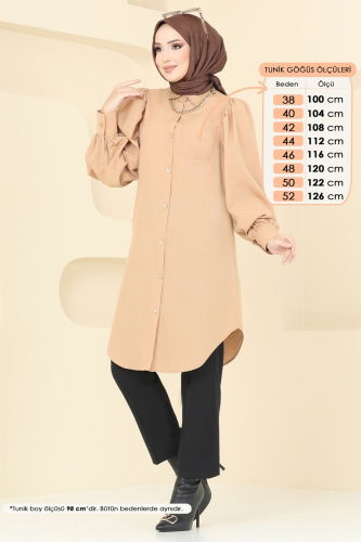 moda selvim Balon Kollu Tesettür Tunik 3039KTR750 Latte - Thumbnail