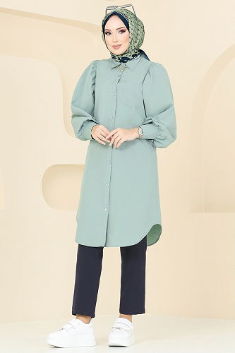 moda selvim Balon Kollu Tesettür Tunik 3039KTR750 Su Yeşili - Thumbnail