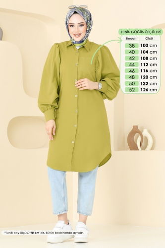 moda selvim Balon Kollu Tesettür Tunik 3039KTR750 Yağ Yeşili - Thumbnail