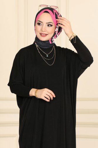 moda selvim Basic Sandy Tesettür Elbise 4334MAK757 Siyah - Thumbnail